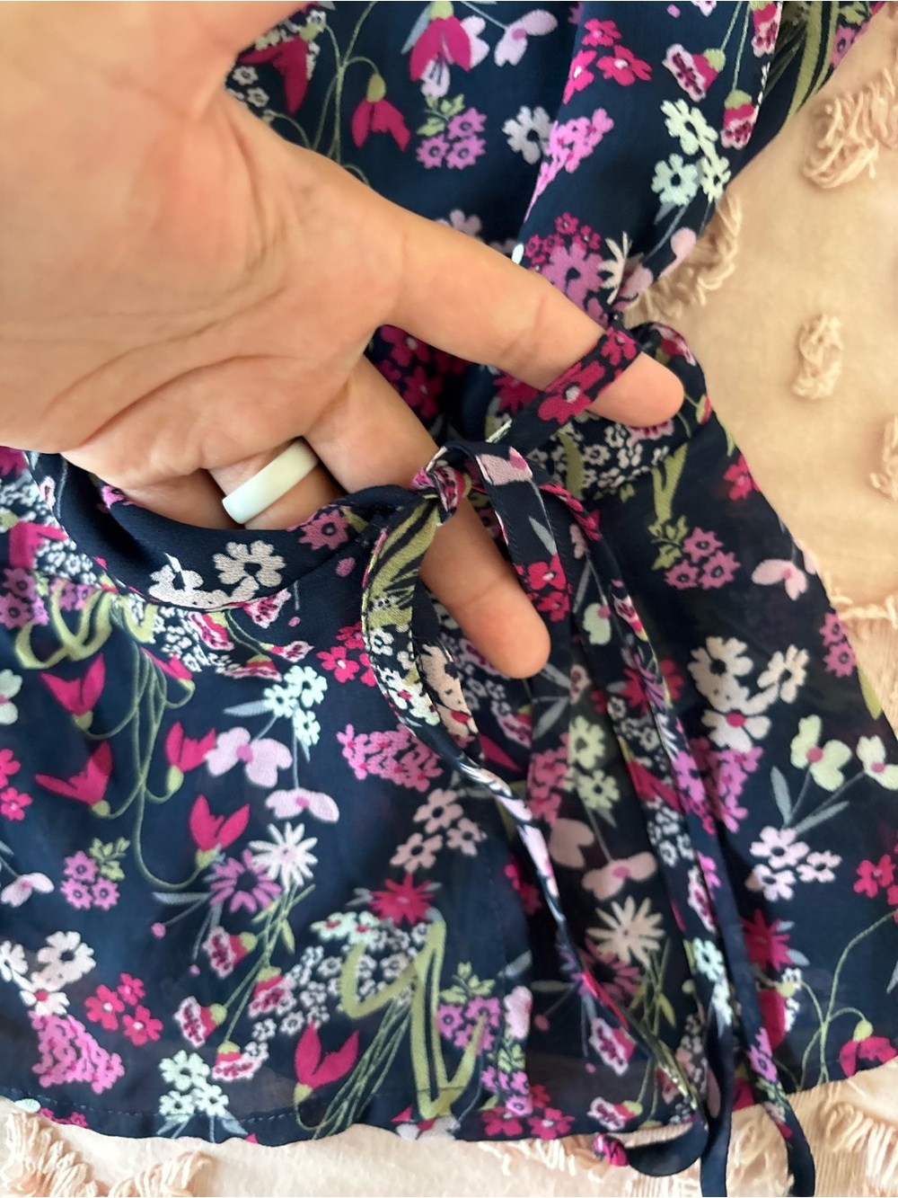 Navy Floral Wrap Blouse with Pink and Green Accents - Picture 3 of 4